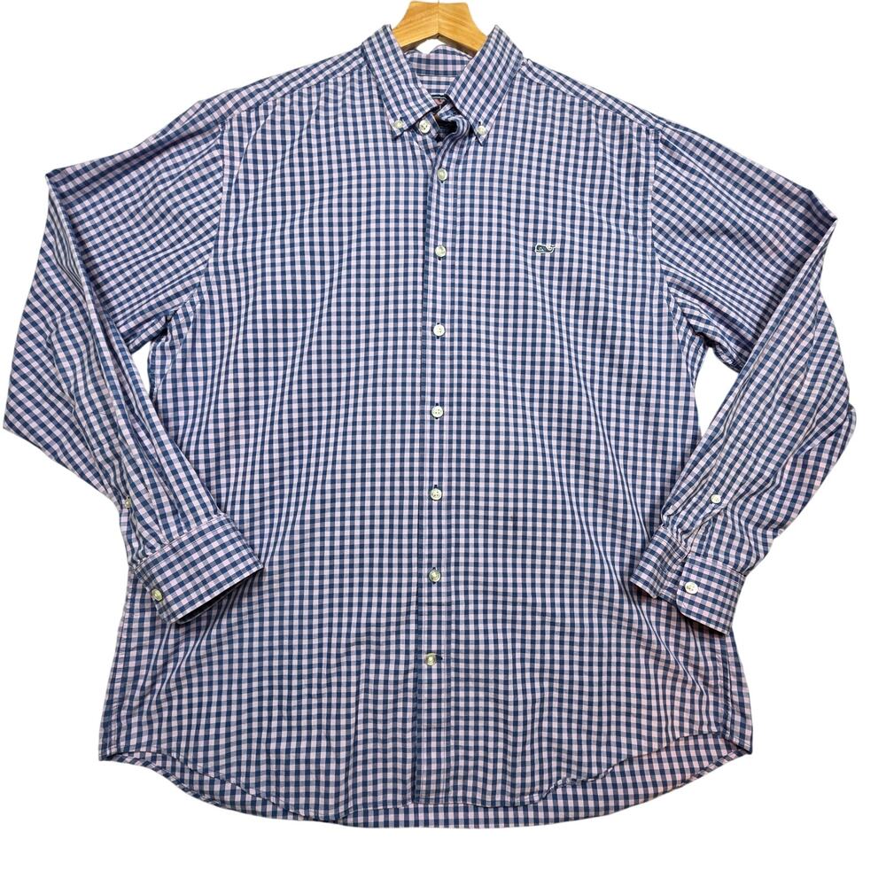 Men's Blue Purple Plaid 100% Cotton Slim Fit Whale Shirt Size XL